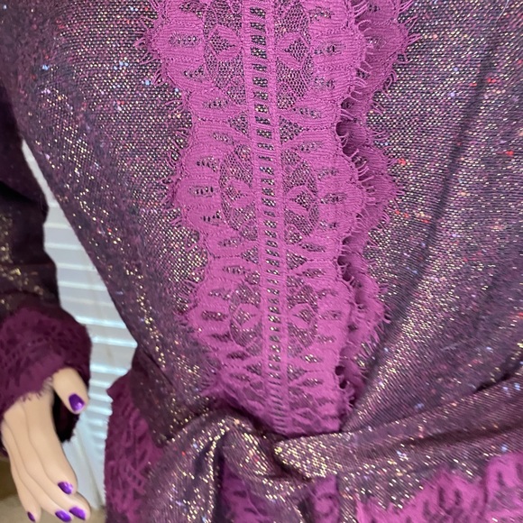 Bisou Bisou Chic Sparkly Plum Lace Tie Belt Jacket Trench Dress Coat Size 14 VGC - Picture 3 of 6
